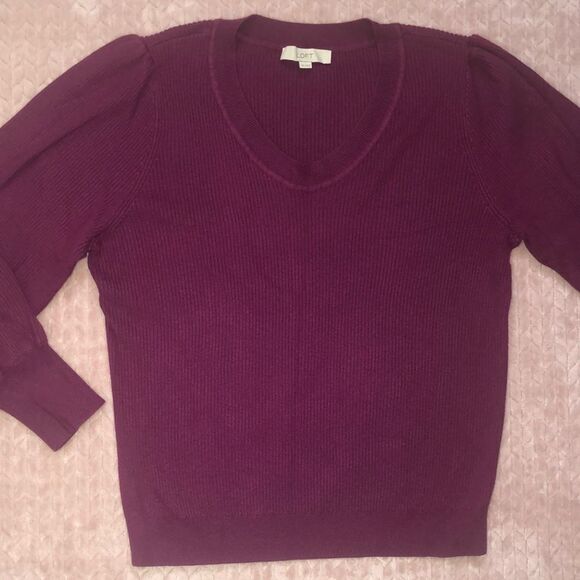 Loft Womens Maroon Ribbed V-Neck Sweatshirt - Picture 1 of 5